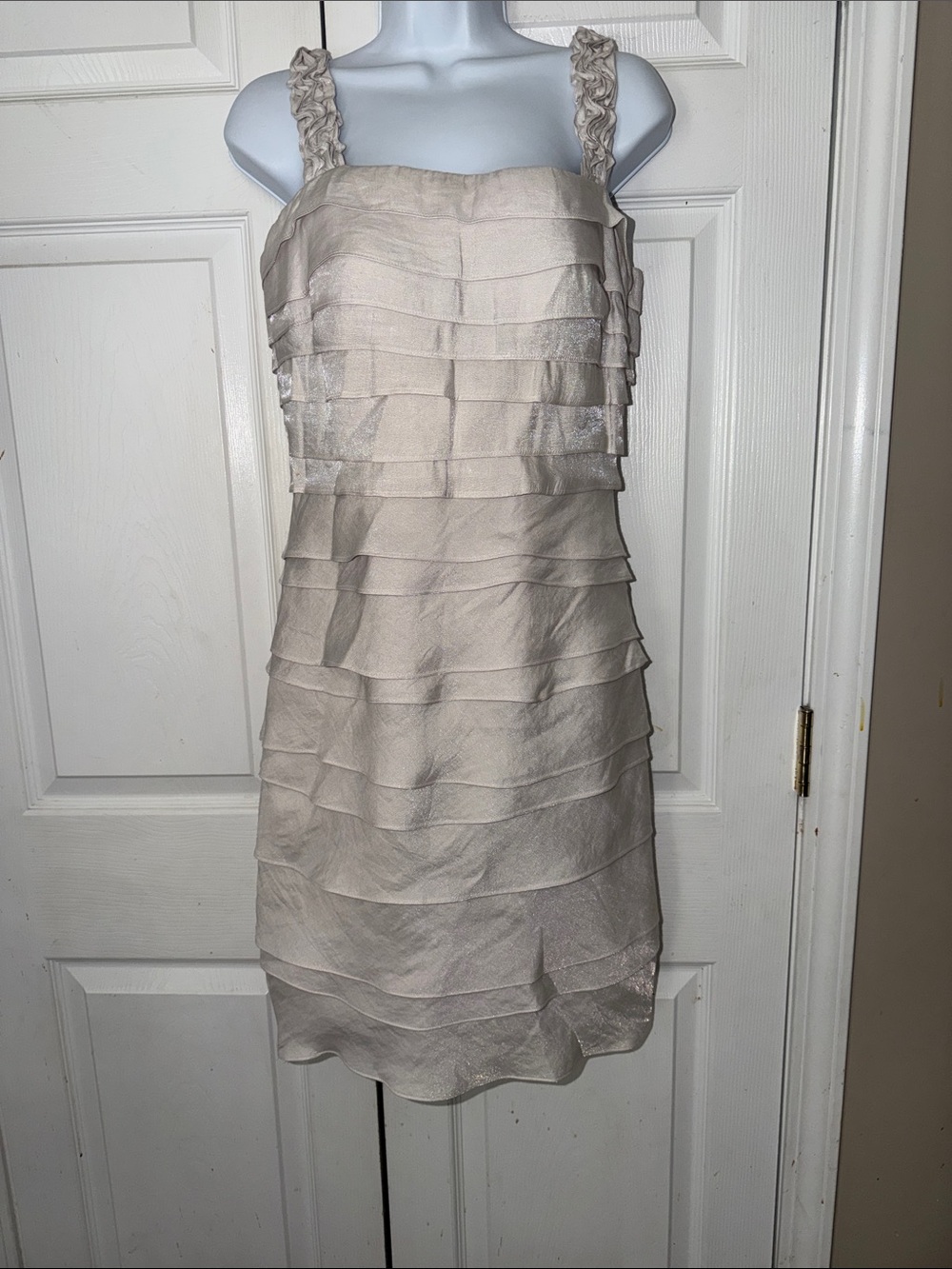 Sangria Sleeveless Tiered Ruffle Dress in Light metallic silver Sz 4 EUC